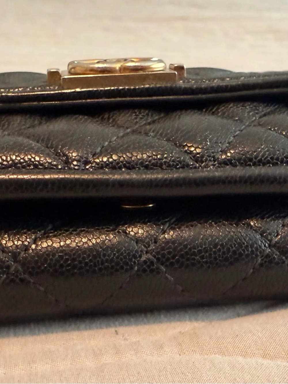 CHANEL Black Quilted Leather Compact Wallet Trifold